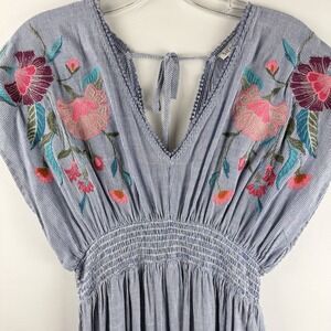 See And Be Seen Smocked Midi Dress Embroidered Flowers Raw Hem Blue Stripe S M